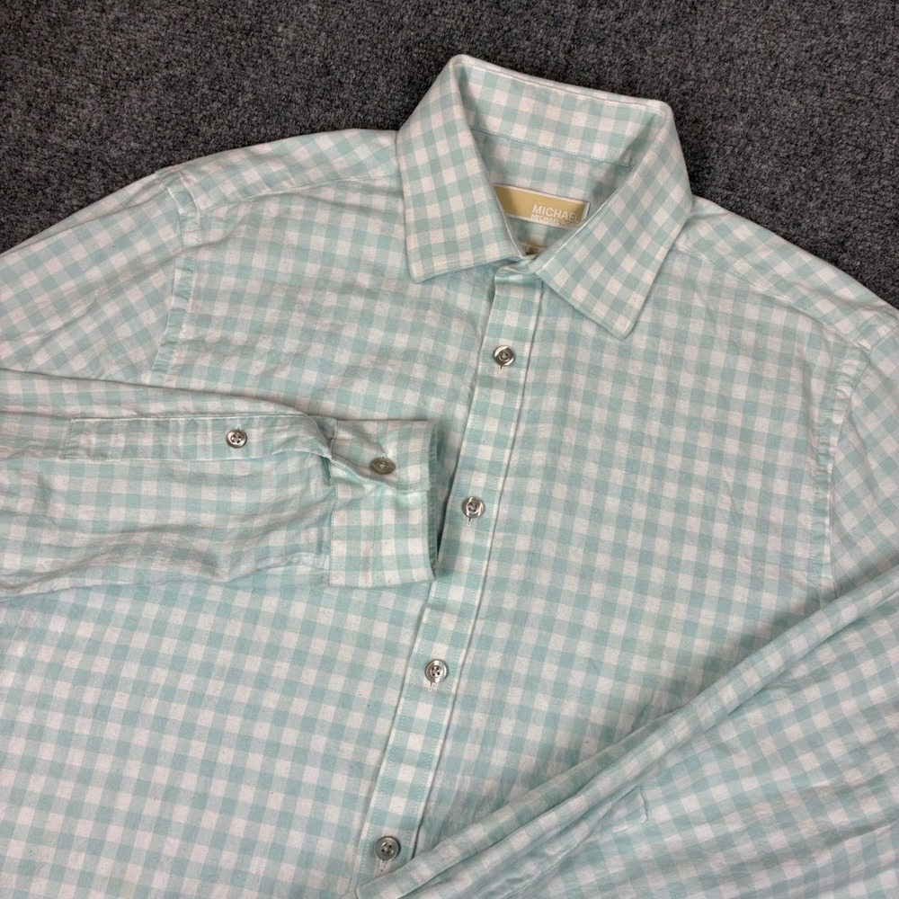 Michael Kors Mens Mint Green Gingham Long Sleeve Button Down Shirt 2584